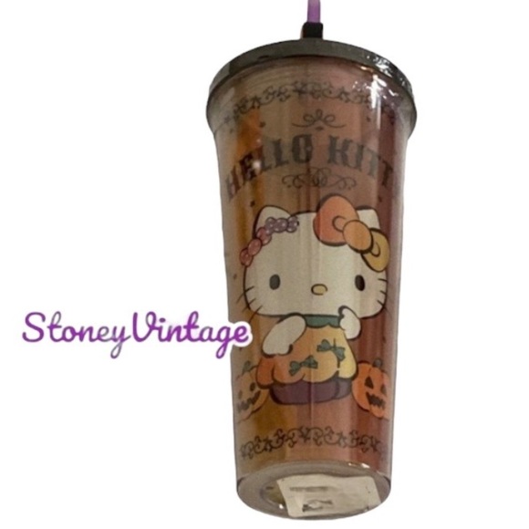 Sanrio Hello Kitty Halloween Cold cup Acrylic Pumpkin with Pumpkin Straw Topper - Picture 6 of 6